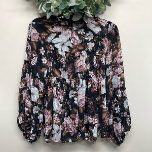 NWOT One Pretty Time Black Floral High Neck Long Sleeve Blouse Anthropologie S